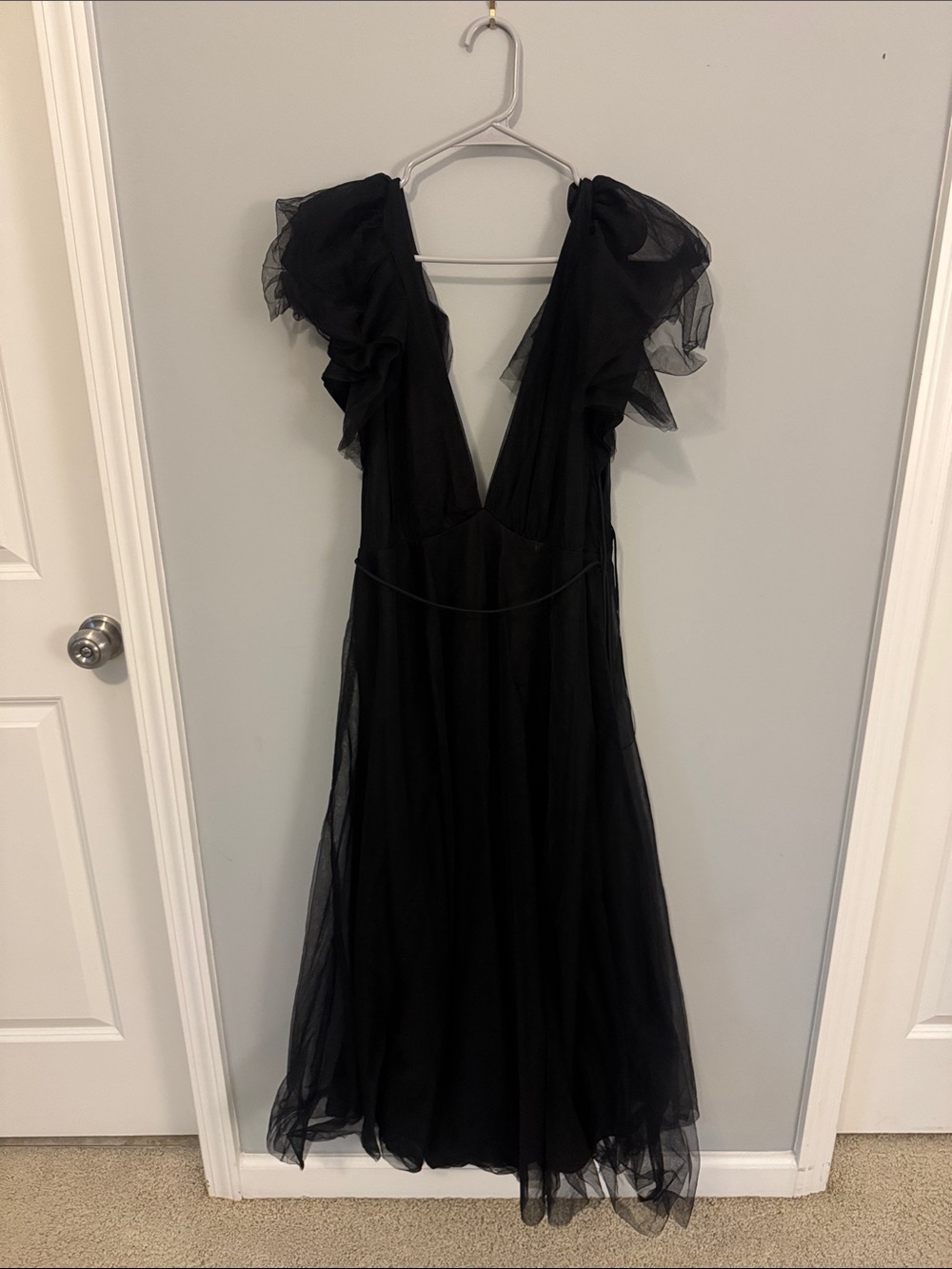 Baltic Born Black Ruffle Sleeve Deep V Dress